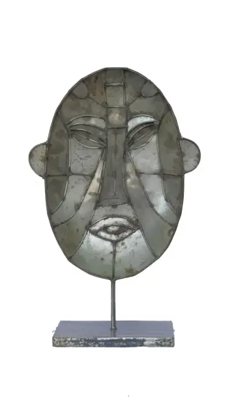 Product image 3 of the product “Small Mask on stand - Modell 1, 56cm height, sculpture from upcyceled oil barrel. ”